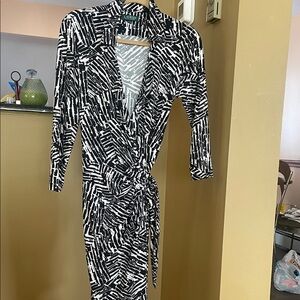 Lauren Ralph Lauren Black and White Long Sleeve Wrap Dress, Sz 12